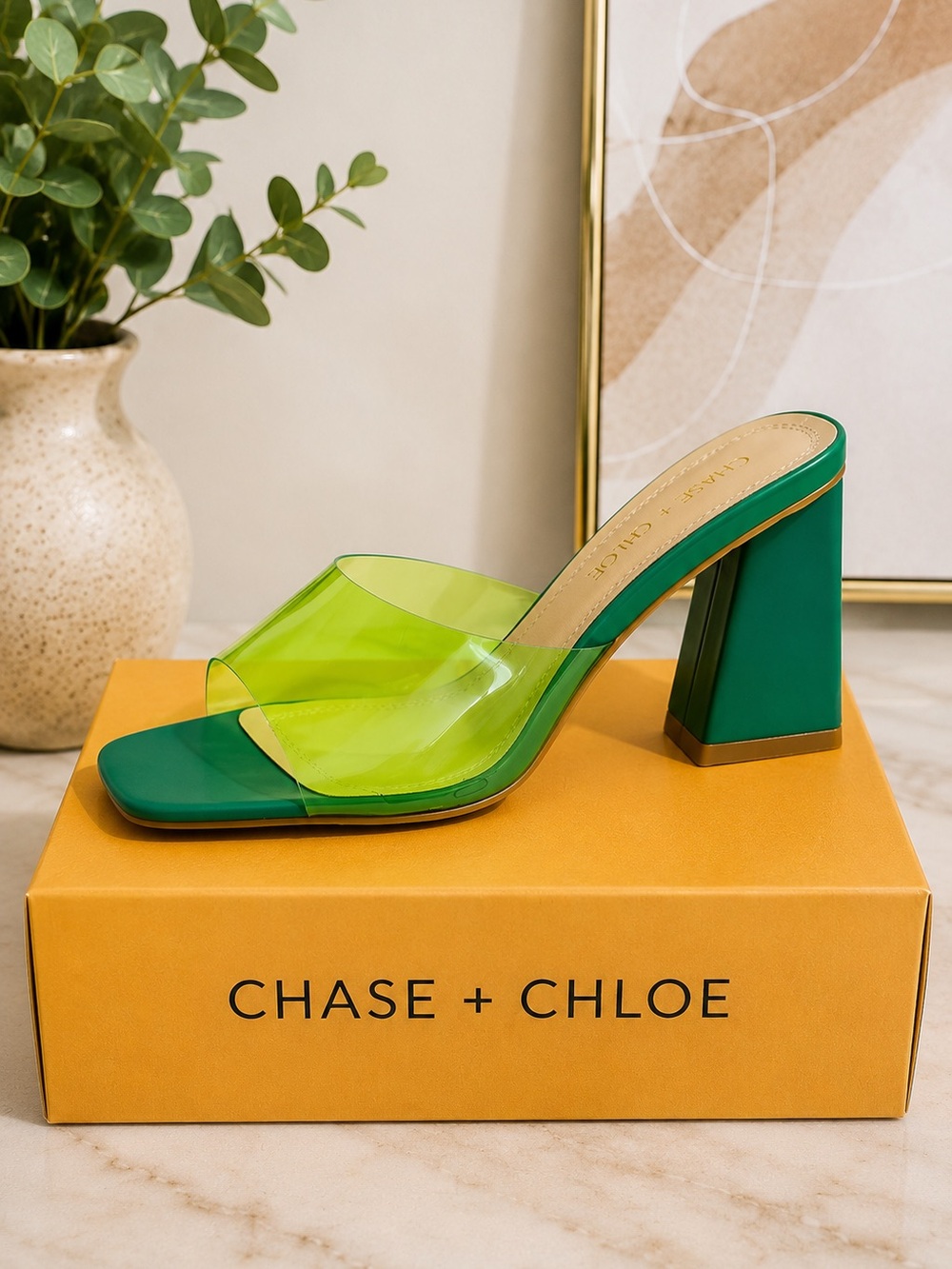 Chase + Chloe Green Translucent Block Heel Mule